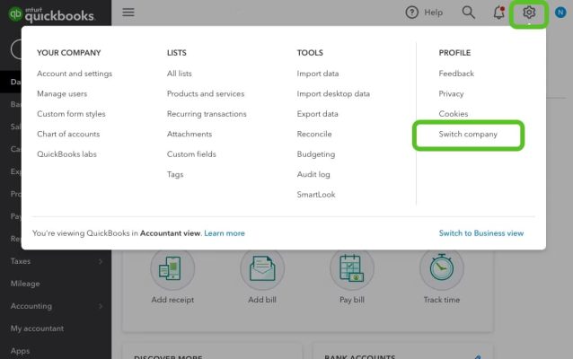 Company file screen in QuickBooks Online