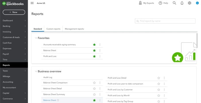 Dashboard screen in QuickBooks Online