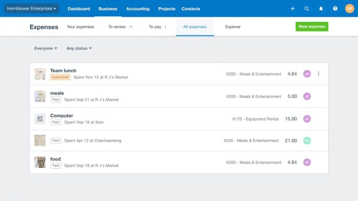 Expenses dashboard in Xero accounting software