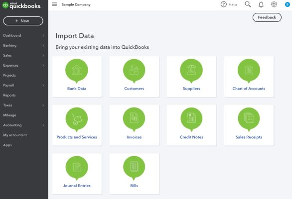 Import Data Screen in QuickBooks Online