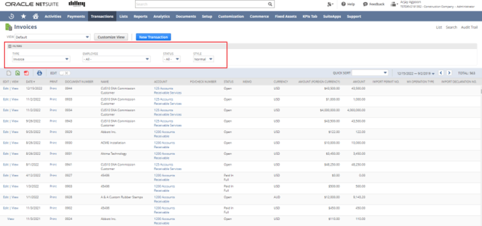 Invoice Data Screen in NetSuite