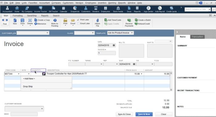 Invoice Generating Page of QuickBooks Desktop