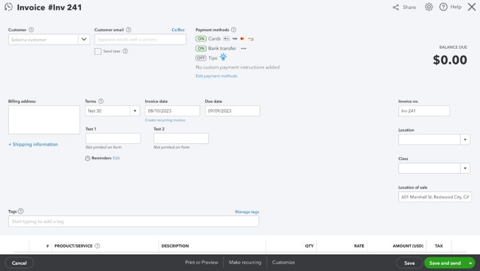 Invoice Screen in QBO