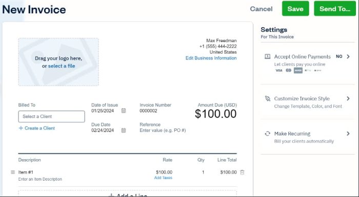 Invoice Section in FreshBooks