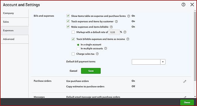 QuickBooks Online has a Setting Page