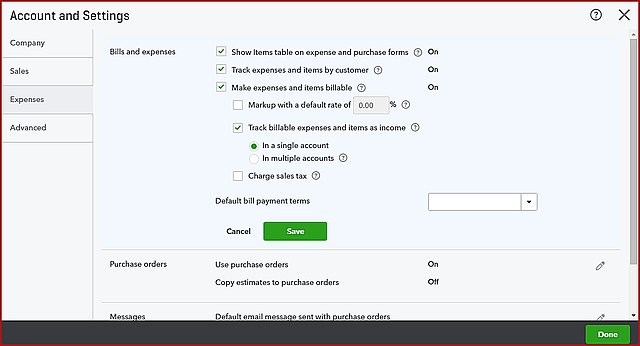 Setting Screen in QuickBooks Online