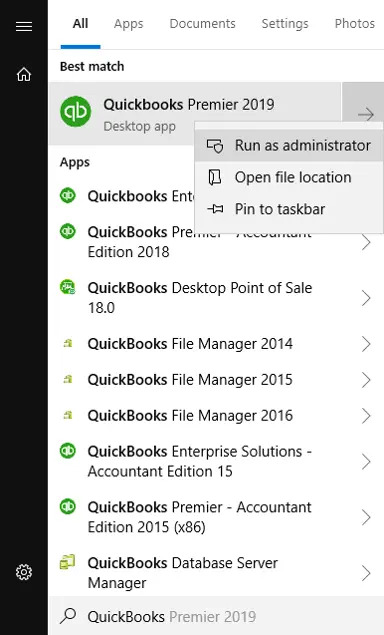 Run QuickBooks as Administrator Screenshot