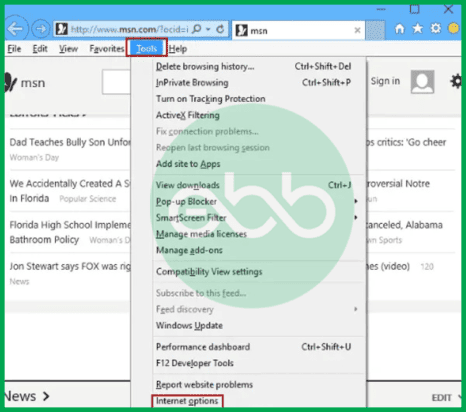 Choose internet options in IE