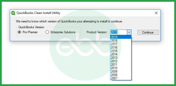 Select QuickBooks version and product version in clean install tool Screenshot