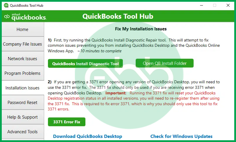 Installation issues tab in tool hub program