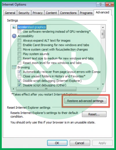 Restore advanced settingsScreenshot