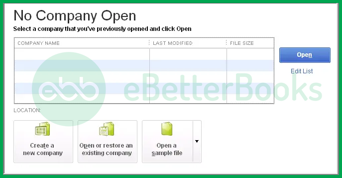 No company file open windows