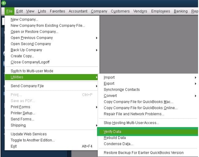 Run Verify and Rebuild Company File Data utility in QuickBooks Desktop