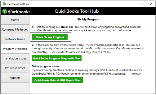 Location of Quick Fix my Program in QuickBooks Tool Hub to fix common errors in QuickBooks