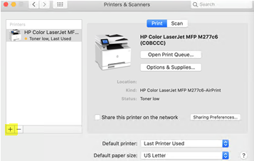 Step 3: Select the printer currently in use and click on the Plus (+) sign to add a new printer.
