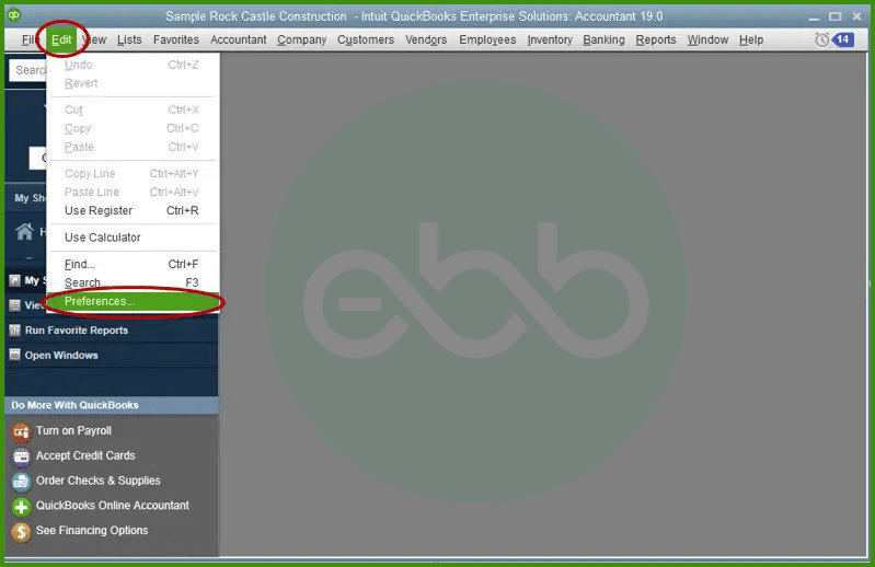 Quickbooks edit menu