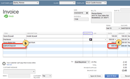 Invoice and deposit