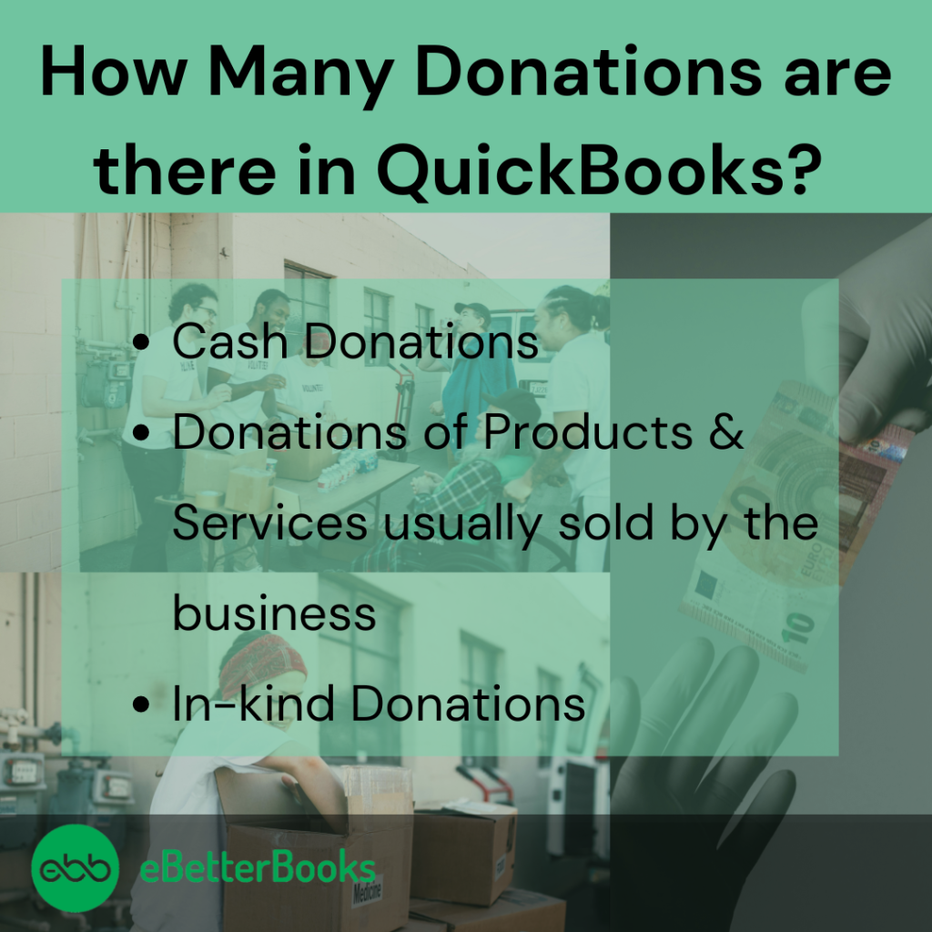 How many donations are there in quickbooks

1. Cash donations
2. Donations of products & services usually sold by the business
3. In-kind donations