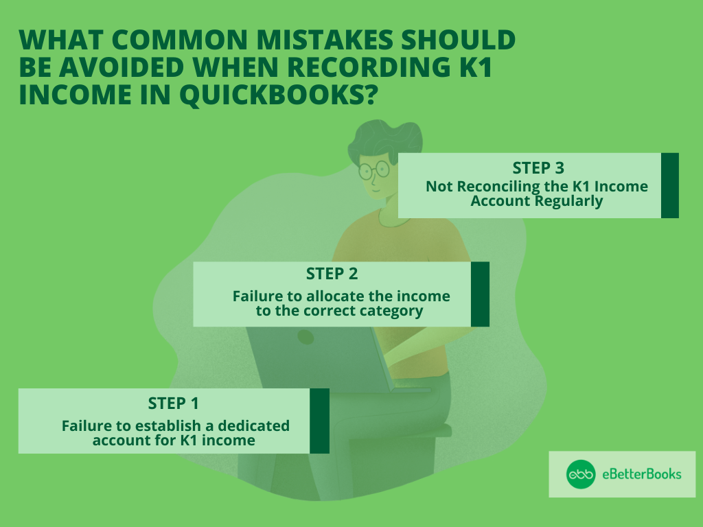 What common mistakes should be avoided when recording K2 income in QuickBooks

1. Step 1: Failure to establish a dedicated acount for k1 income
2. Step 2: Failure to allocate the income to the correct category
3. Step 3: Not reconciling the K1 income account regularly