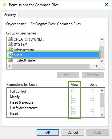 Permissions for common files