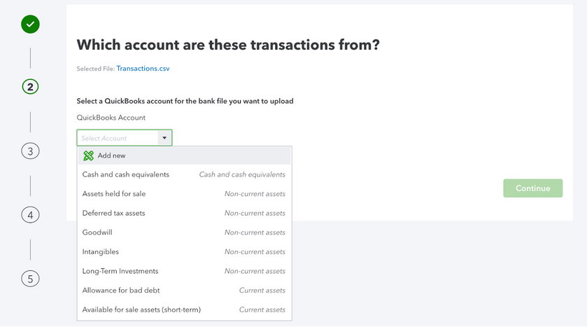 Select the account you need to upload the transactions