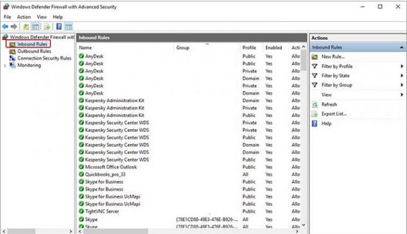 Inbound Rules Window