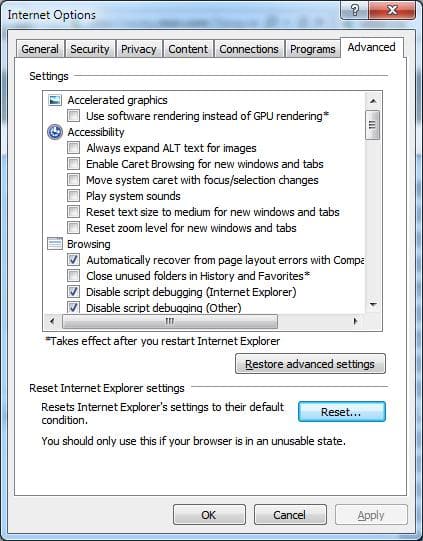 Reset Internet Explorer Settings