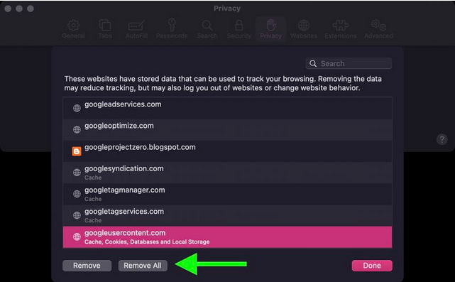 Remove. To remove all website data from Safari, select Remove All