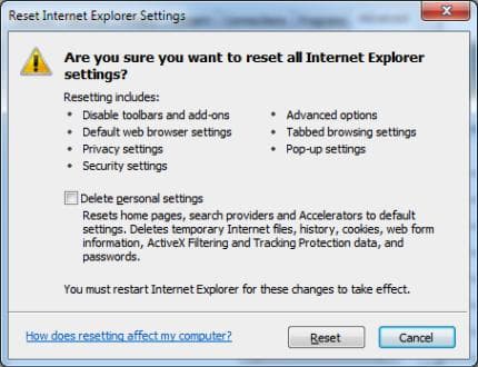 Reset Internet Explorer settings