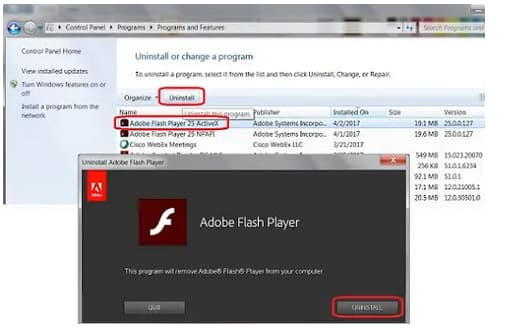 Uninstall Adobe Flash Player