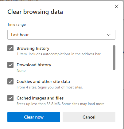 Cached images and files, browsing history, Cookies, and other site data, then select the Clear