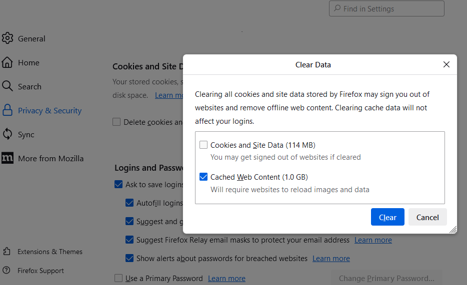 Cookies and Site Data checkbox