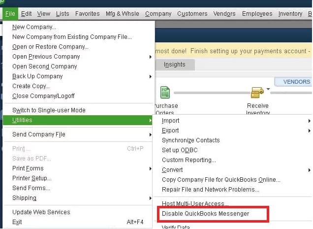 Disable QuickBooks Messenger option