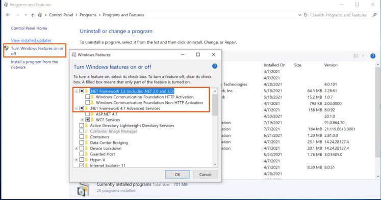 Microsoft .NET Framework and unmark the checkbox