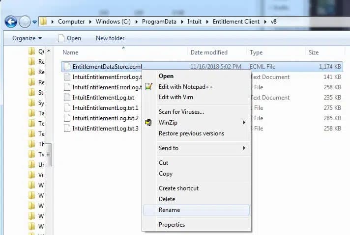 Rename ‘QBWUSER.ini’ and ‘EntitlementDataStore.ecml’ Files