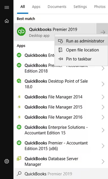 Run QuickBooks Desktop as administrator to fix payroll errors caused by file size or access issues. User right-clicking the QuickBooks Desktop icon in the Windows Start menu and selecting “Run as administrator” to grant necessary permissions for resolving payroll errors.