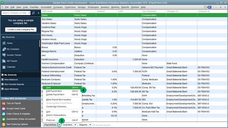 Choose the Payroll Item drop-down and click New in QuickBooks Desktop to set up a new payroll item. A screenshot of the QuickBooks Desktop interface showing the Payroll Item drop-down menu being accessed, with the "New" option highlighted to create a new payroll item.