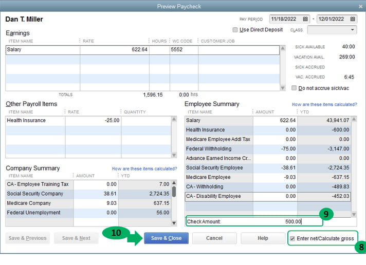 Click Save & Close to finalize employee payroll or W-4 corrections in QuickBooks Desktop Enterprise. A screenshot showing the QuickBooks Desktop Enterprise interface with the 'Save & Close' button highlighted, indicating the final step to save corrected W-4 or payroll information for an employee.