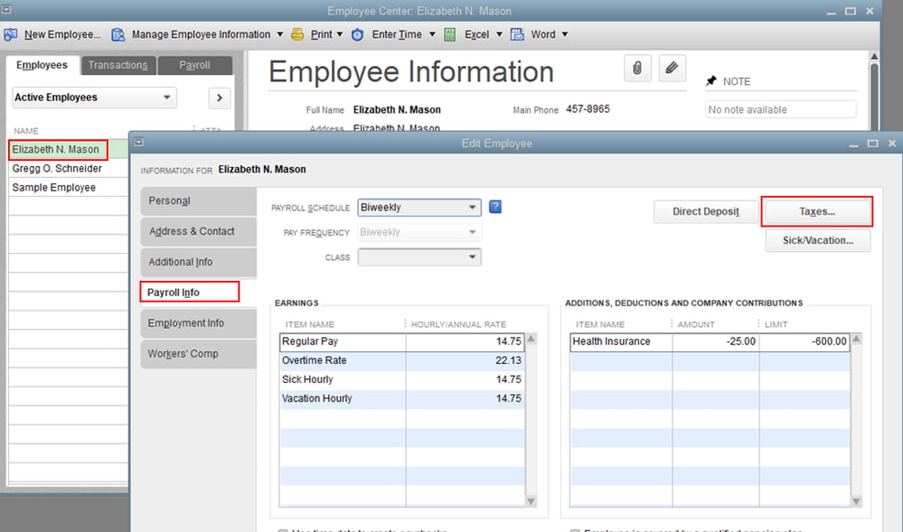 Navigate to Taxes > Federal or State to fix employee W-4 or payroll info errors. Screenshot showing the navigation path in QuickBooks Desktop Pro/Premier Payroll where users click on “Taxes” and select either “Federal” or “State” to access and correct employee W-4 or payroll information.