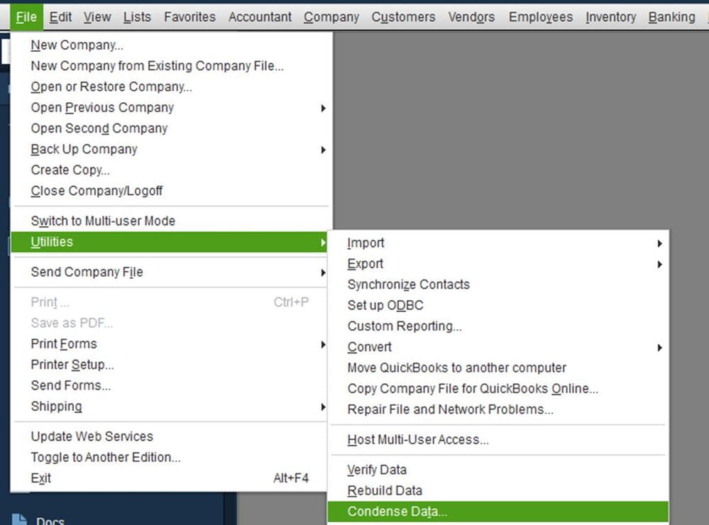 Click on "Condense Data" to minimize file size and fix payroll-related issues in QuickBooks Desktop. User interface showing the "Condense Data" option in QuickBooks Desktop to reduce file size and resolve payroll errors caused by oversized company files.