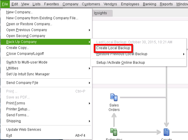 Navigate to File > Back Up Company > Create Local Backup in QuickBooks Desktop. Screenshot showing the QuickBooks Desktop top menu with the 'File' option selected and the path File > Back Up Company > Create Local Backup highlighted.