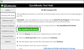 'Run QuickBooks File Doctor' in QuickBooks Tool Hub to diagnose and repair company file problems. Screenshot showing the QuickBooks Tool Hub with the option 'Run QuickBooks File Doctor' highlighted to fix company file and network issues.