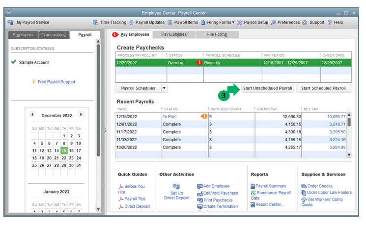 Step 1: Click on 'Start Unscheduled Payroll' in QuickBooks Desktop Enterprise to begin correcting payroll or W-4 information. A screenshot of the QuickBooks Desktop Enterprise Payroll interface showing the 'Start Unscheduled Payroll' button, indicating the first step to fix W-4 or payroll info errors for employees.