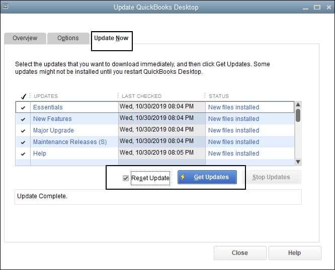 Click the Update Now tab and select Get Updates in QuickBooks Enterprise. QuickBooks Enterprise update window showing the 'Update Now' tab selected and the 'Get Updates' button highlighted to fix payroll update errors.