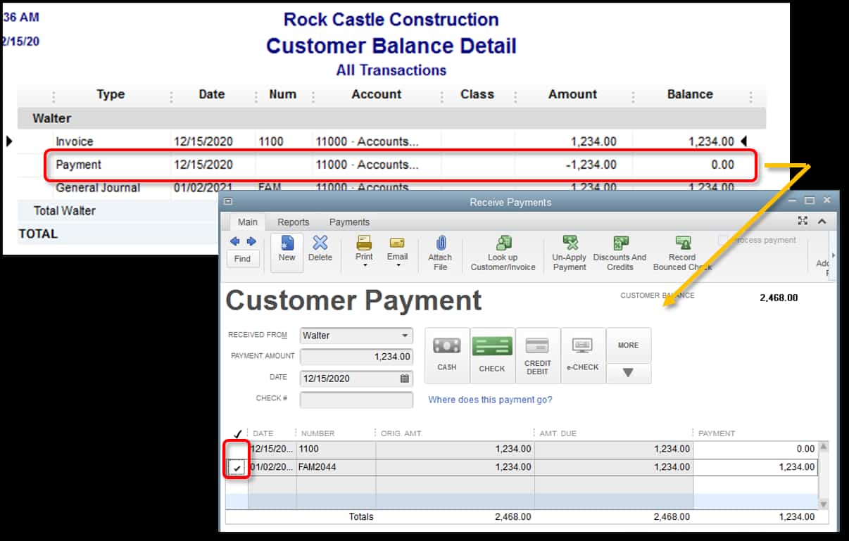 Customer Balance Detail report displaying all financial transactions and bounced checks in QuickBooks Overview of the Customer Balance Detail report in QuickBooks showing all transactions, including invoices, payments, and bounced checks