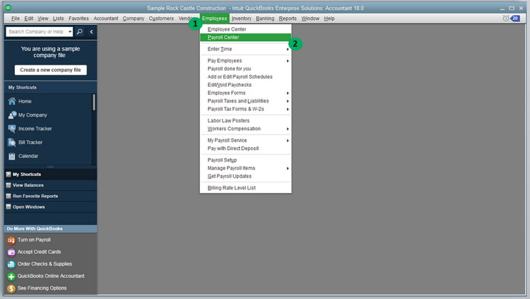Step 1: Go to Employees and select Payroll Center in QuickBooks Desktop Enterprise Navigating to Payroll Center from Employees menu in QuickBooks Desktop Enterprise