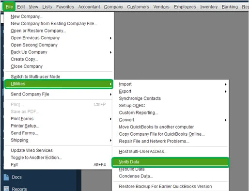 Step 2: Navigate to File > Utilities > Verify Data in QuickBooks. Screenshot showing the QuickBooks interface with navigation path: File menu > Utilities > Verify Data. This step is used to verify company file data to fix payroll update errors.