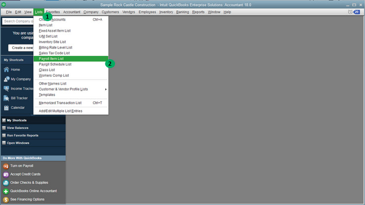 Accessing the Payroll Item List in QuickBooks Desktop to begin fixing W-4 or payroll information errors. Let me know if you'd like versions optimized for SEO or accessibility standards as well. Screenshot showing the QuickBooks Desktop interface with the "Payroll Item List" selected from the "Lists" menu, guiding users on how to access payroll settings.