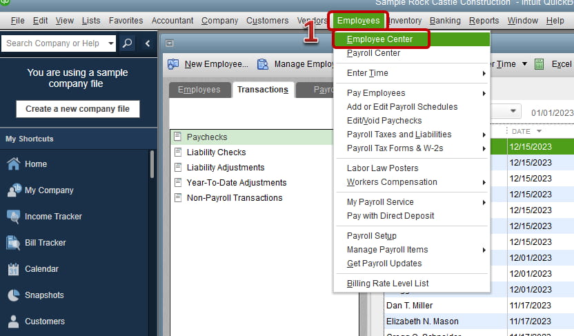 Open the Employees menu and select Employee Center in QuickBooks Desktop. Screenshot showing the QuickBooks Desktop interface with the 'Employees' menu expanded and 'Employee Center' highlighted, guiding users to access employee records.