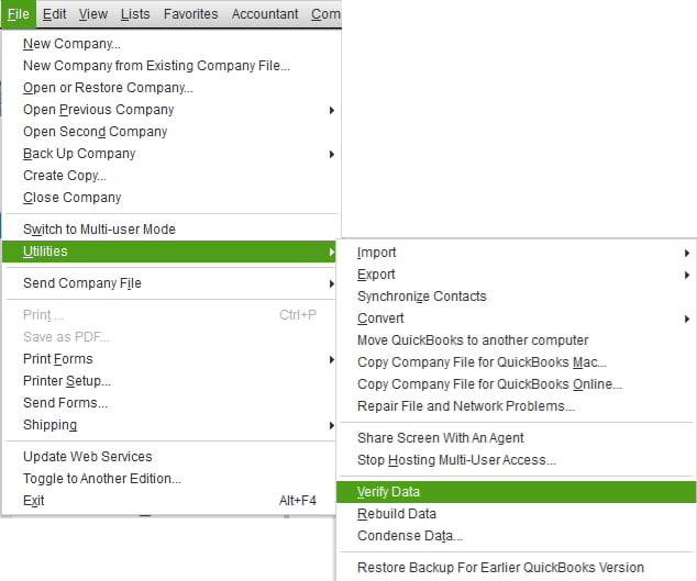 Verify Data in QuickBooks to Fix Payroll Calculation Errors from Date or Register Mismatches. QuickBooks Desktop Enterprise interface showing navigation steps: File menu > Utilities > Verify Data, used to detect and resolve payroll calculation errors caused by date or register mismatches.
